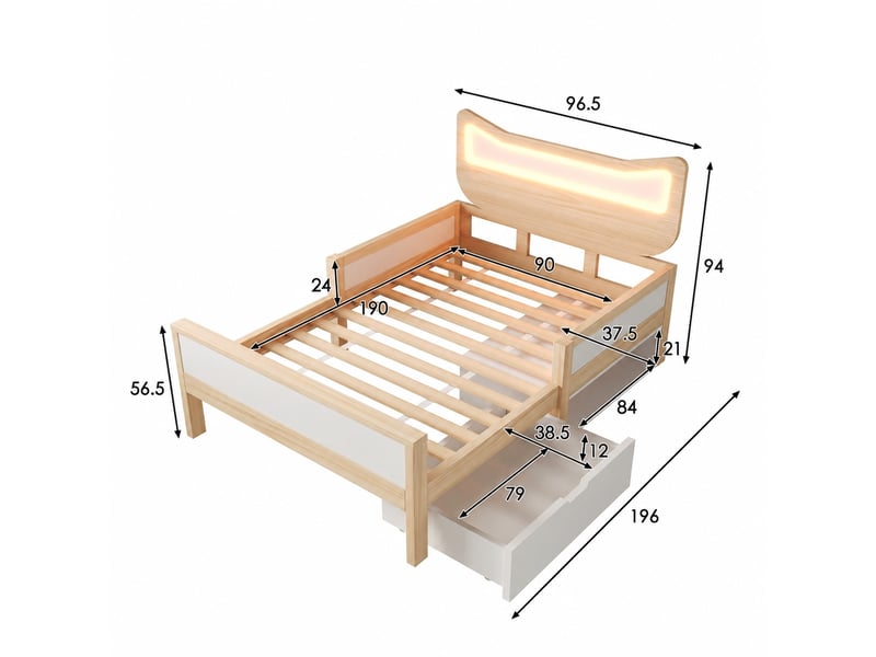  Lit enfant 90x190cm avec tiroir et led rgb, pin + mdf, blanc et effet chêne  - Conforama C