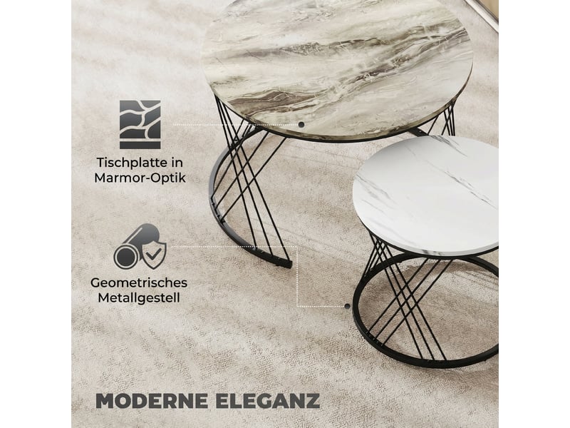  Lot de 2 tables basses gigognes rondes effet marbre gris et blanc  - Conforama E