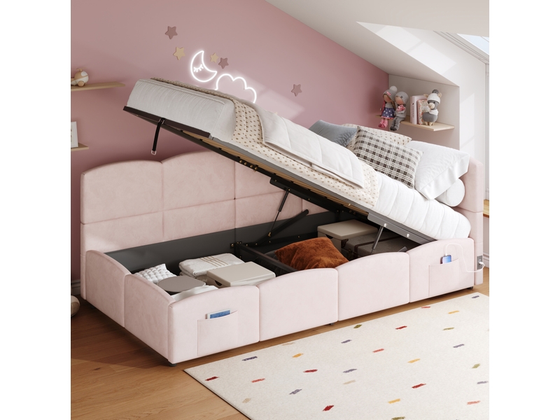  Lit coffre 90x200 cm avec ports usb et poches de rangement en velours rose  - Conforama B