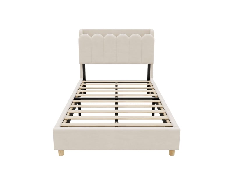  Lit simple 90 x 200 cm cadre de lit en velours beige lit rembourré tête de lit rembourrée station de charge usb-c lampe de lecture  - Conforama A