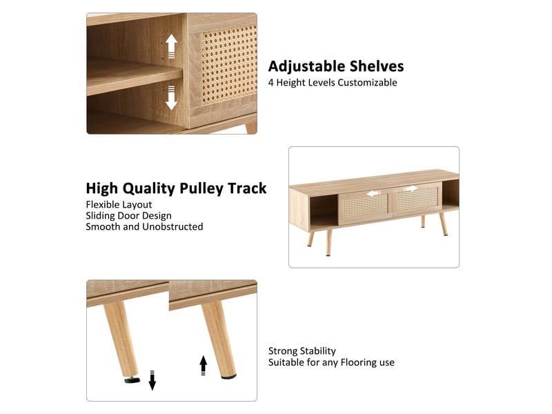  Meuble tv avec portes coulissantes et étagères réglables - lpospi - pieds en bois massif, mdf naturel 140×40×45 cm  - Conforama E