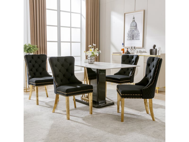  Chaise de salle à manger capitonnée avec anneau décoratif, pieds en acier inoxydable doré et velours noir  - Conforama B