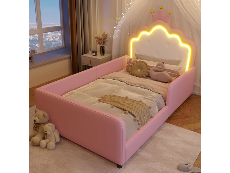 Lit enfant rembourré 90x190 cm sans matelas, design princesse en forme de couronne, barrière de sécurité et bande led, mdf et pu, rose Sol Morn - Conforama B