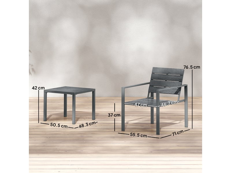  Ensemble de jardin 3 pièces comprenant 2 chaises d'extérieur et une table basse, en pehd et métal, gris foncé  - Conforama E