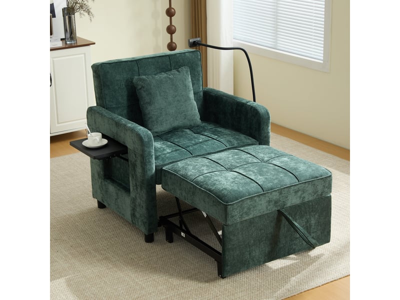  Fauteuil-lit convertible 2-en-1 en chenille vert, dossier réglable 5 positions, tablette et rangements, 167 cm IKSETERA TRADING LTD - Conforama D