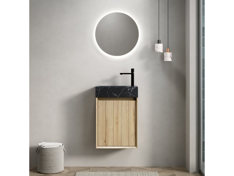  Meuble vasque suspendu à porte avec fermeture amortie - lpospi - gain de place, marbre noir et chêne blanc  - Conforama C