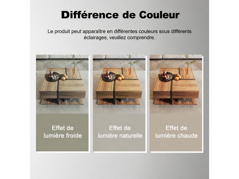  Table basse carrée noire et effet bois avec 4 tiroirs et étagère inférieure, 78 x 78 x 36 cm  - Conforama E