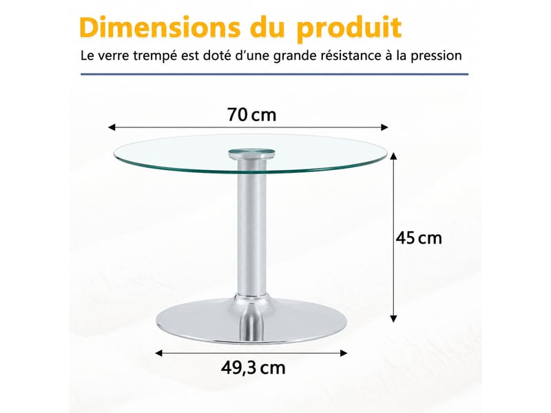  Table basse ronde en verre diamètre 70 cm, plateau en verre trempé et structure en métal argenté, design moderne  - Conforama C