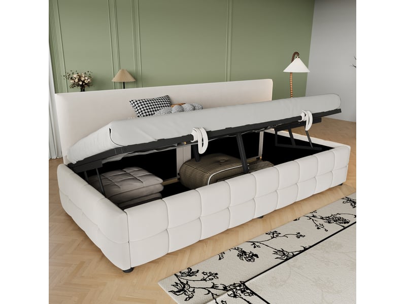  Lit enfant 90 x 200 cm style moderne rangement confort sans accoudoirs motif à carreaux velours beige avec matelas  - Conforama W