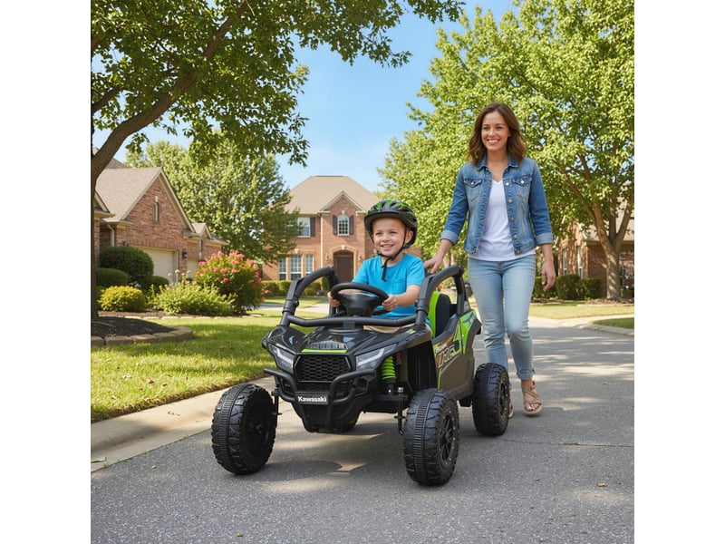  Voiture électrique pour enfants de 3 à 5 ans, 12 v, homologuée kawasaki, double moteur, télécommande et musique, noire.  - Conforama C