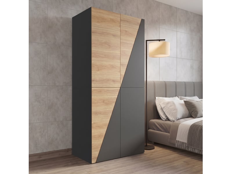  Armoire tcqpz 2 portes 90 x 50 x 200 cm avec penderie, porte-pantalons, boîte de rangement et 2 tiroirs mdf gris carbone et bois  - Conforama B