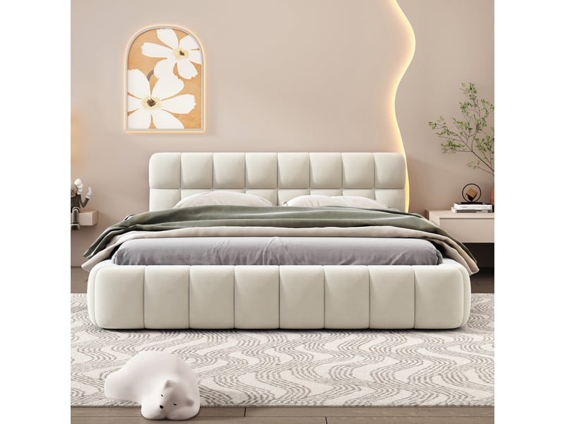  Lit 2 place 140x190 cm avec sommier à lattes et tête de lit à volants, lit enfant moderne, tissu lin beige, sans matelas  - Conforama B