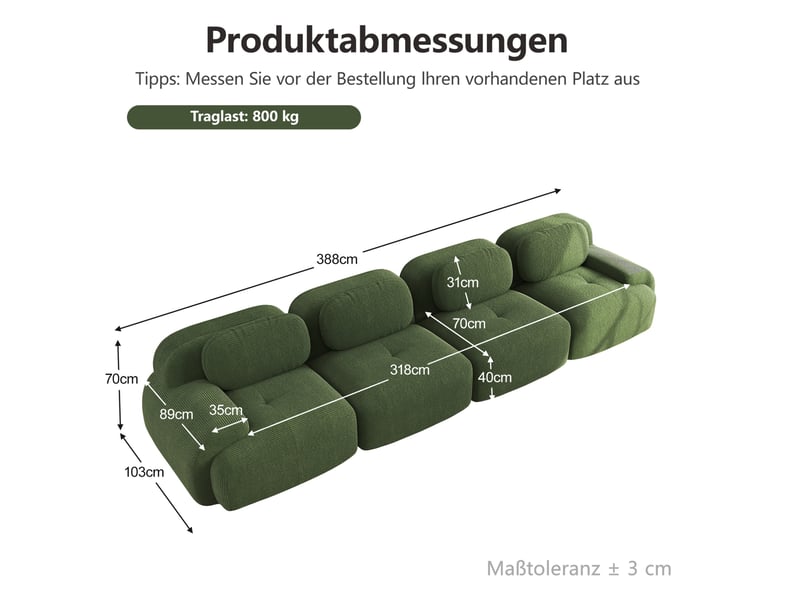 Canapé modulable 4 places en velours côtelé vert, sans cadre et sans montage, confortable pour salon ou bureau - Conforama C
