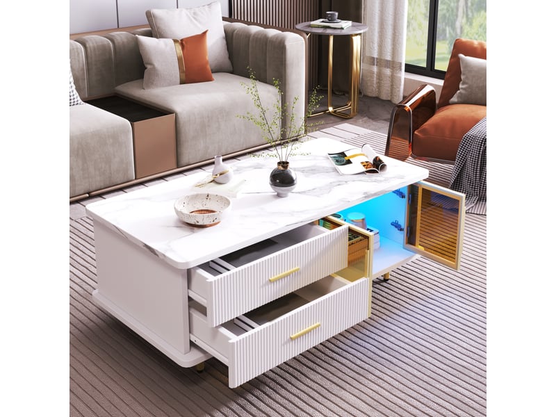 Table basse 100x50x40 cm avec led, 2 tiroirs et 2 portes vitrées, panneaux de particules décor marbre, blanc et doré ABC - Conforama D