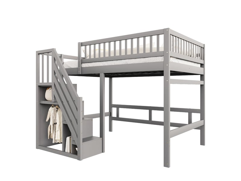 Lit mezzanine 140x200 cm, cadre de lit double en bois massif, lit enfant avec placard de rangement, gris  - Conforama E