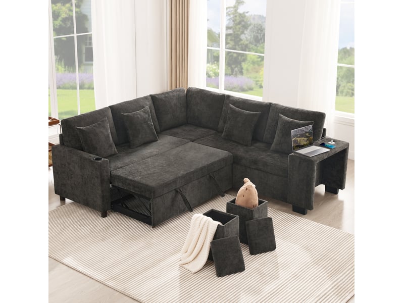 Canapé d’angle convertible avec rangements en chenille gris, usb et usb-c - Conforama C
