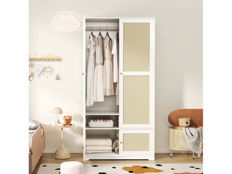  Armoire 2 portes, 90x48x180 cm, avec penderie et étagères, en mdf, blanc  - Conforama D