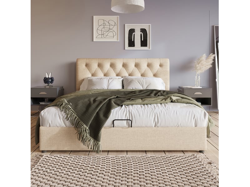 Lit coffre 160 × 200 cm 2 places, tête de lit réglable, rangement hydraulique, matelas inclus, en lin naturel - Conforama C
