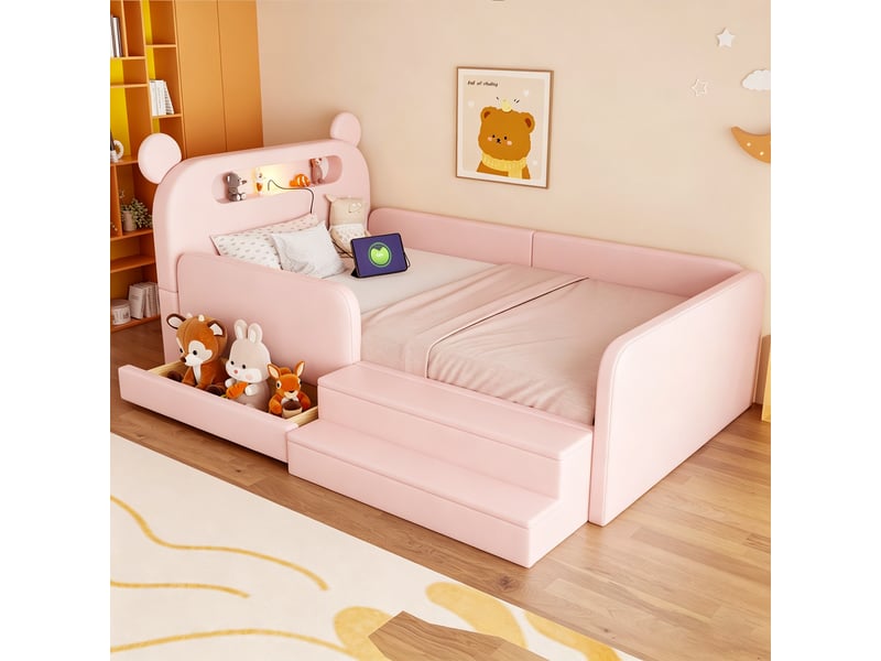 Lit enfant 90x200 cm rose en similicuir avec tête de lit ours, veilleuse, usb et rangement  - Conforama W