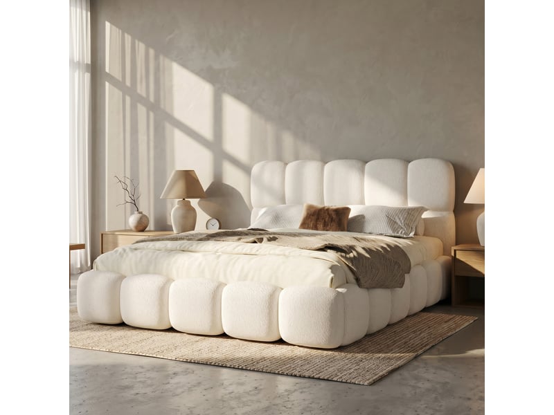  Lit coffre rembourré 180x200cm avec sommier et tête de lit rembourrée, design moderne, pour chambre, bouclé, blanc  - Conforama D