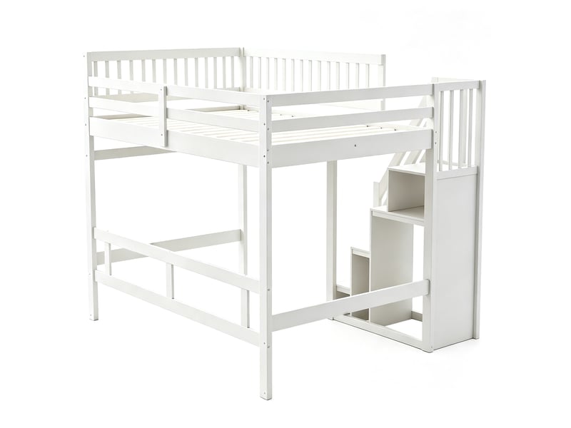  Lit enfant 140x200 cm avec escalier de rangement et garde-corps haut, gain de place, cadre en bois, blanc, sans matelas  - Conforama E