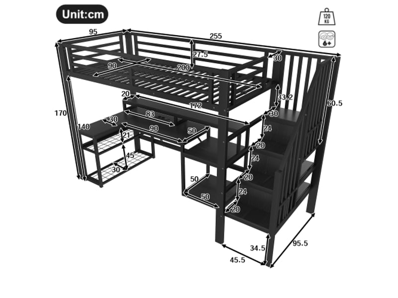  Lit mezzanine en fer noir 90x200 cm – rangement, escalier, barrière de sécurité, led, bureau, usb, sans matelas  - Conforama C