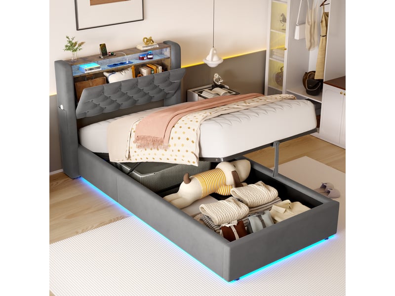 Lit coffre 90x190 cm avec tiroirs de rangement et prise - revêtement en velours gris foncé, structure métal et bois - Conforama B