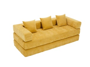 Canapé modulable chenille moutarde avec rangement latéral intégré et base antidérapante pour salon moderne
