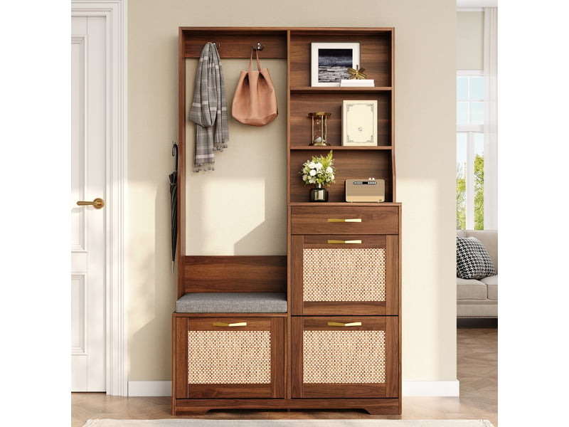  Meuble d'entrée vestiaire - 100x30x170cm - meuble chaussures 3 abattants, banquette assise, tiroir &amp; rotin - bois foncé  - Conforama B