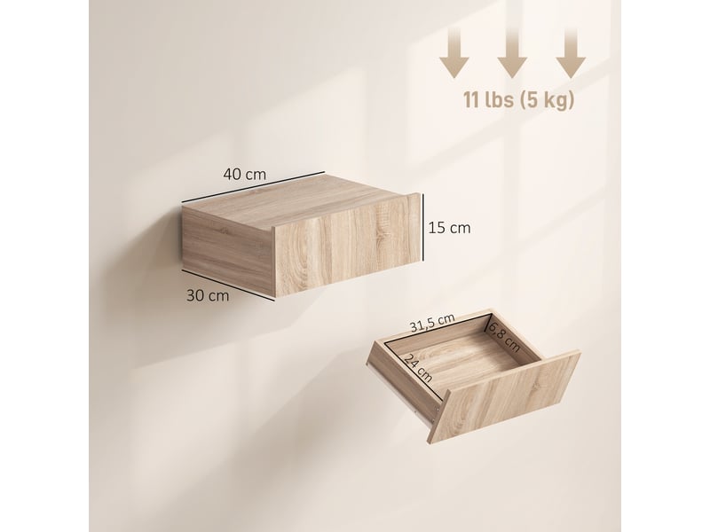  Lot de 2 tables de chevet murales, tables de nuit suspendues avec tiroir coulissant, chêne, 40 x 30 x 15 cm  - Conforama C
