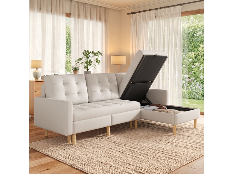  Canapé d'angle beige 3 places avec rangement 212x130cm - méridienne réversible tissu  - Conforama W