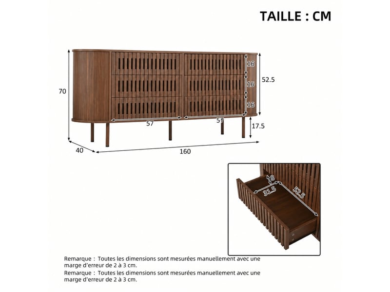 Buffet 160 x 40 x 70 cm à six tiroirs, façade à lames, pieds métal, marron noyer - Conforama D