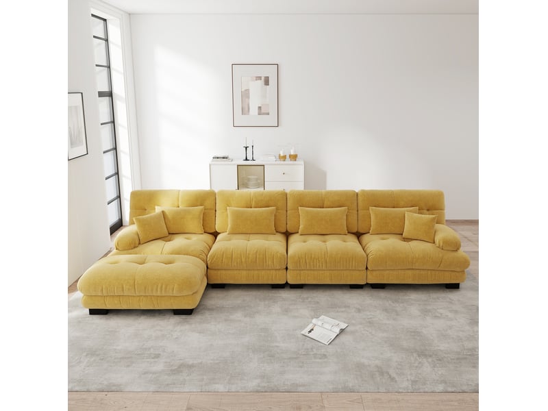  Canapé d'angle modulaire 4 places jaune en chenille avec pouf mobile  - Conforama B