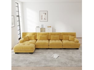 Canapé d'angle modulaire 4 places jaune en chenille avec pouf mobile