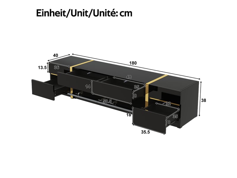  Meuble tv avec 4 tiroirs et 2 portes, rangement pratique, mdf noir brillant avec détails dorés, 180x40x38 cm  - Conforama C