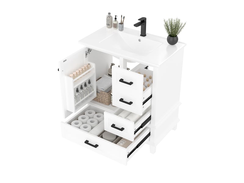  Meuble vasque sur pied blanc, 76 x 46 x 83,5 cm, en mdf et céramique, avec 3 tiroirs à coulisses silencieuses  - Conforama A