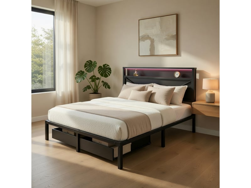  Gutenacht lit gamer 140x200 cm noir en métal avec bureau led, tiroirs et lattes  - Conforama C