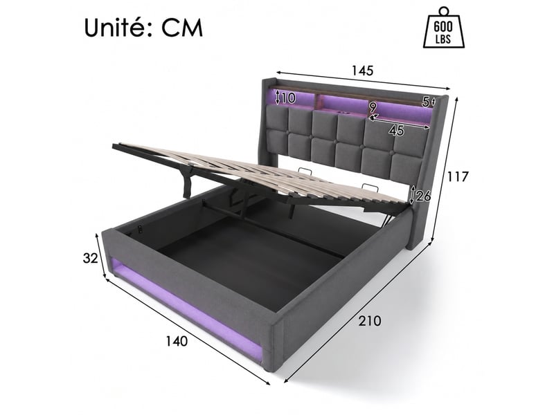 Lit coffre 140x200 avec matelas, led, usb, tissu gris - Conforama C