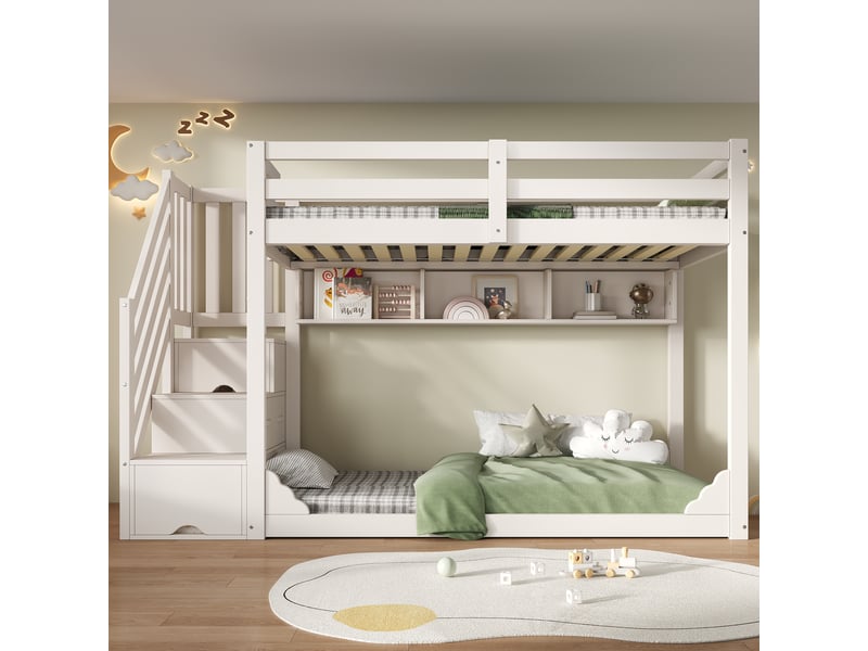 Lit superposé enfant 90x200 cm avec rangement, coffre et étagères, lit en bois blanc avec barrière de sécurité pour enfants - blanc (sans matelas) - Conforama C