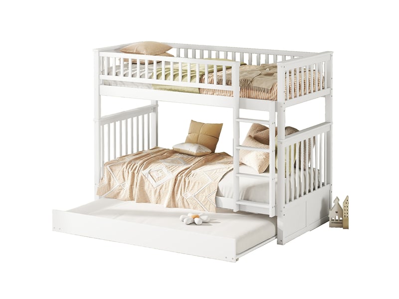  Lit superposé enfant 90x200 cm avec lit gigogne et échelle, coloris blanc  - Conforama A