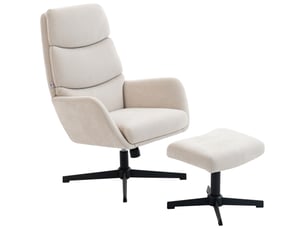 Fauteuil rembourré avec repose-pieds, fauteuil lounge à dossier haut, piètement en métal, pour salon, chambre, beige