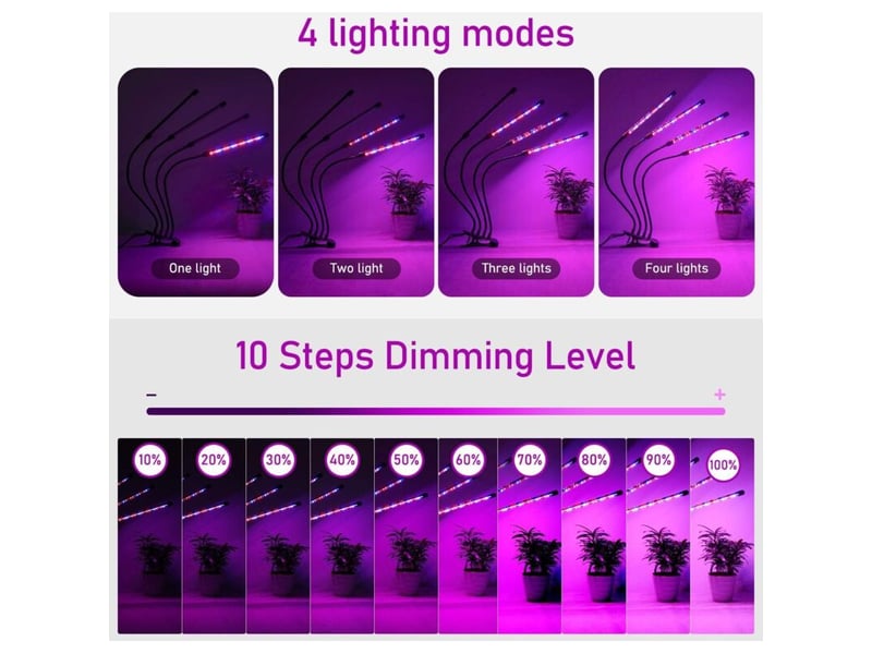  Lampe de plante 80 led, lampe de croissance 360°, 4 têtes spectre complet, minuterie 4h8h12h  - Conforama C