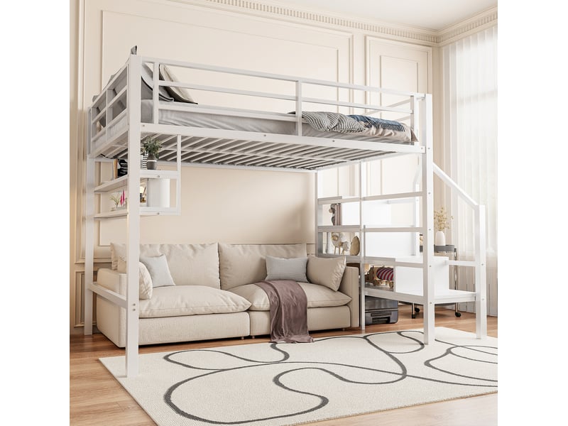 Lit mezzanine enfant 140x200 cm avec rangements, échelle et espace libre, blanc - Conforama D