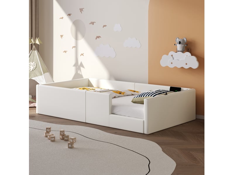  Lit simple rembourré 90x200 cm, lit simple rembourré, cadre de lit adulte, lit 1 personne, blanc  - Conforama A
