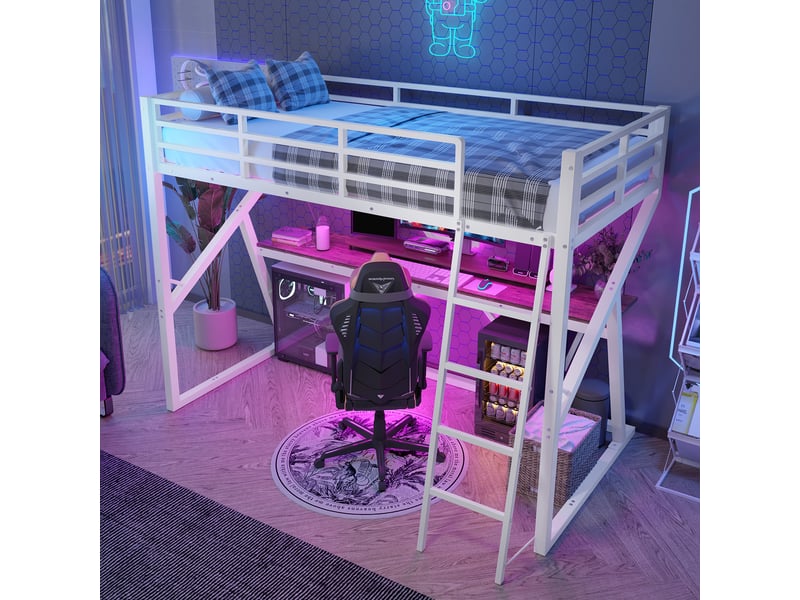  Lit mezzanine enfant 90x200 cm avec bureau, led, échelle et garde-corps blanc  - Conforama B