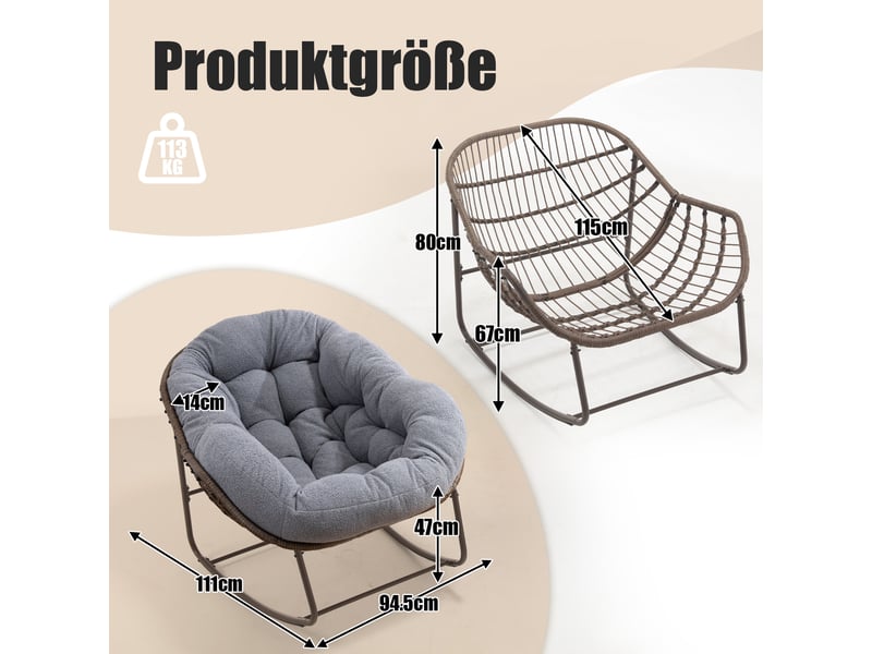  Cocon - lot de 2 fauteuils à bascule en rotin naturel – forme œuf et coussins gris – confortable pour salon, véranda ou chambre  - Conforama C