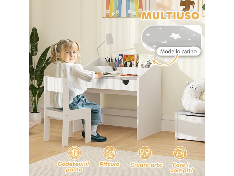  Ensemble table et chaise pour enfants de 3 à 6 ans avec rangement et tiroir coulissant, en bois gris  - Conforama E