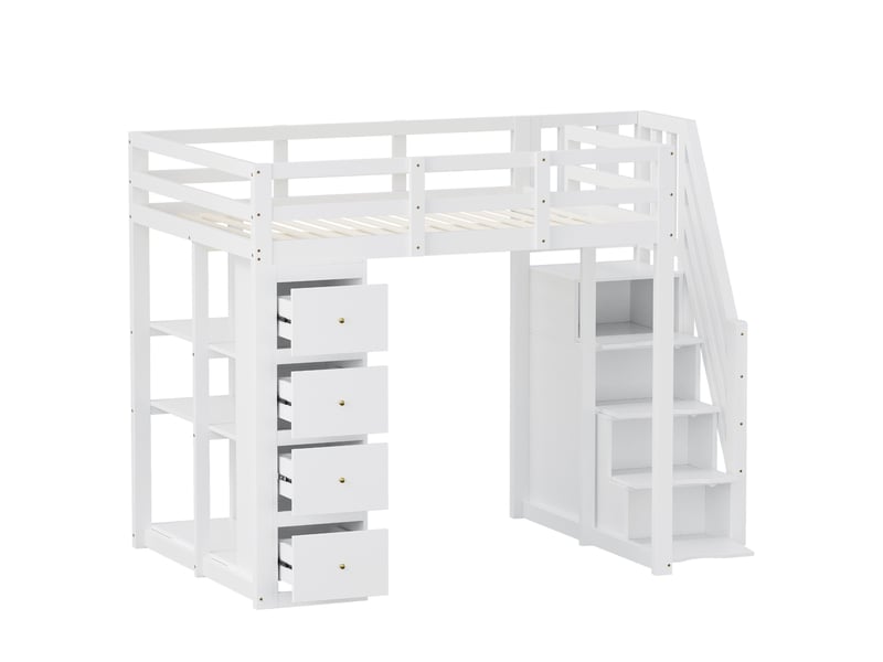  Lit mezzanine 140x200cm, li enfant avec 4 tiroirs, étagères, escalier, espace de rangement et sommier, pin+mdf blanc, sans matelas  - Conforama E
