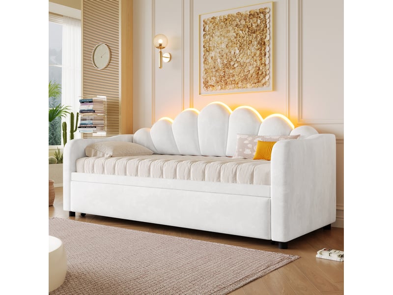  Lit banquette 90x200 cm led avec lit gigogne blanc  - Conforama D