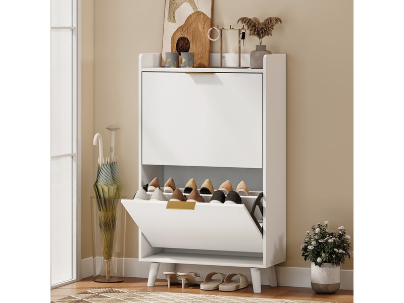  Meuble à chaussures 12 paires, armoire à chaussures étroite avec 2 tiroirs rabattables, étagères réglables, blanc  - Conforama B